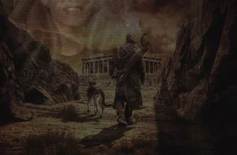 Лучник с собакой проходя через ущелье идёт к руинам храма и с лева полупрозрачное лицо вампирши