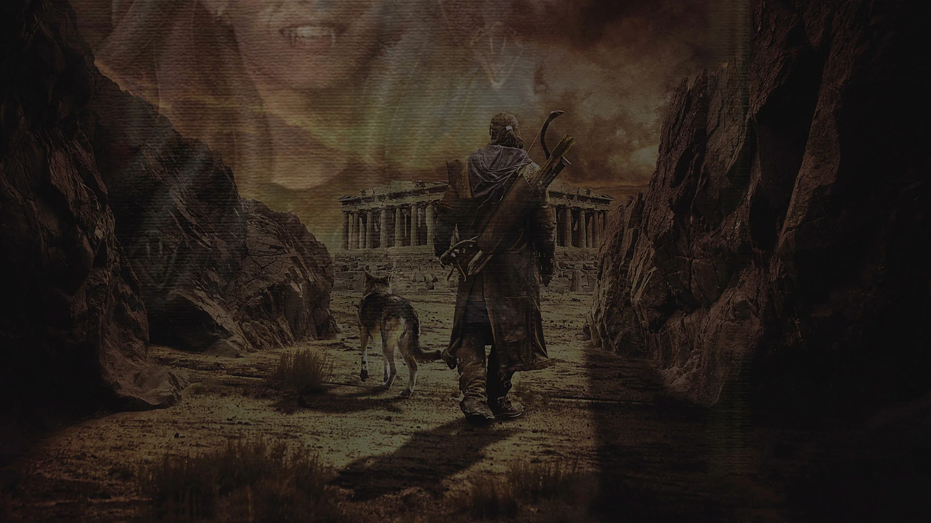 Лучник с собакой проходя через ущелье идёт к руинам храма и с лева полупрозрачное лицо вампирши